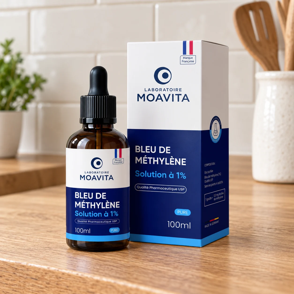Flacon de 100 ml et sa boîte, bleu de méthylène solution à 1 % Laboratoire Moavita