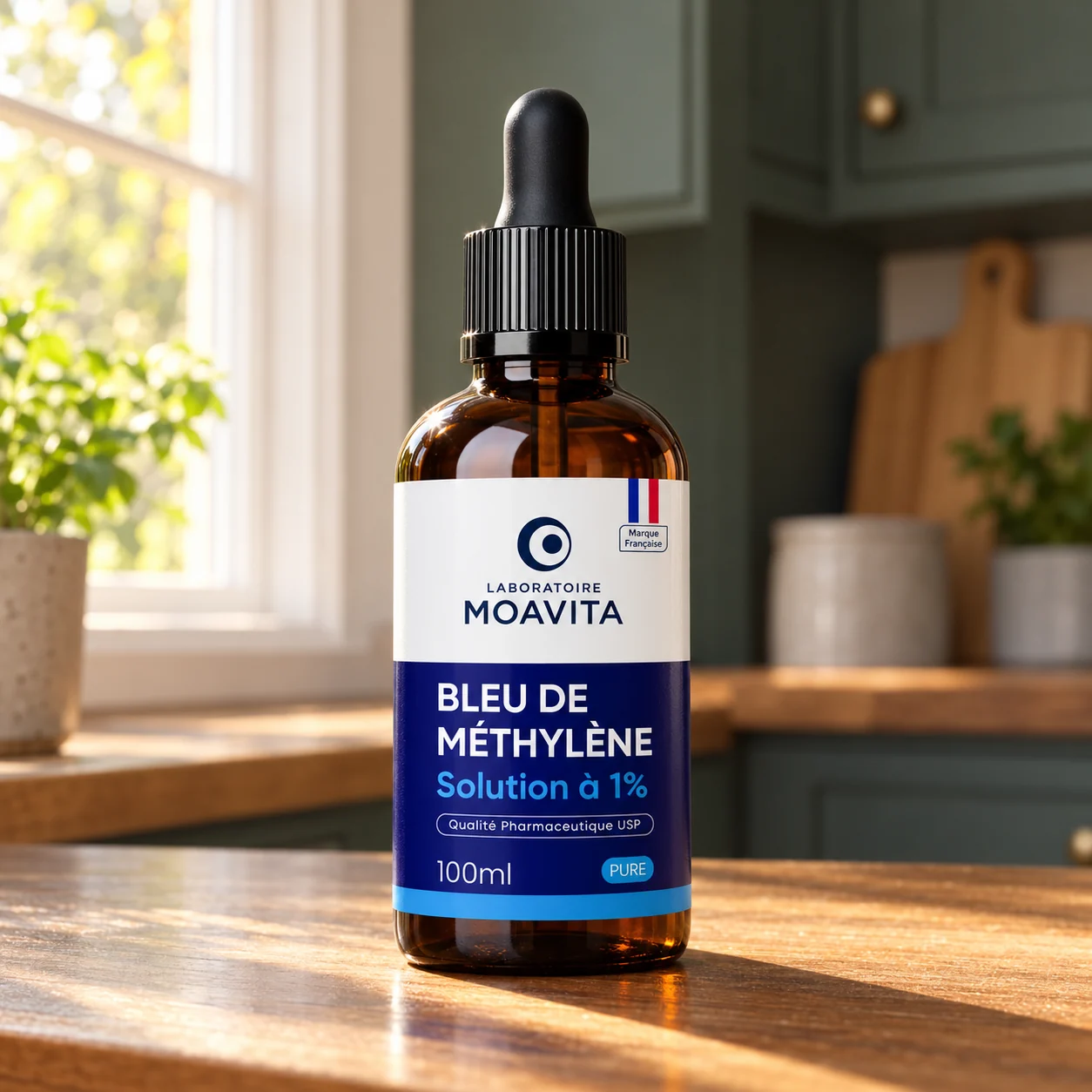 Flacon de bleu de méthylène Laboratoire Moavita, solution à 1 %, 100 ml en verre ambré avec pipette