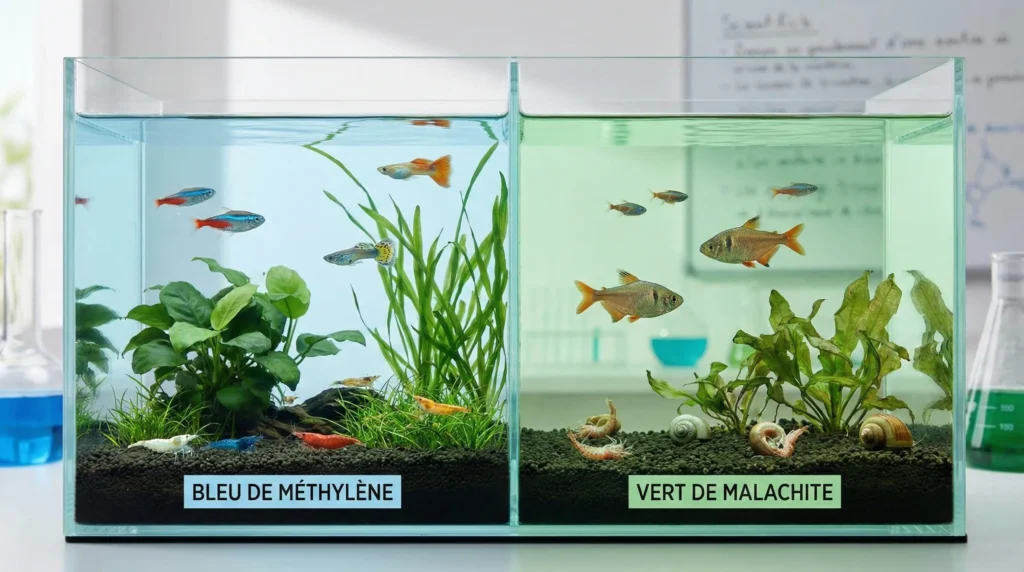 Comparaison des traitements aquarium : Bleu de Méthylène vs Vert de Malachite. Spectres d'action sur les parasites (Ichthyophthirius), les champignons et différences de toxicité pour la faune aquatique.