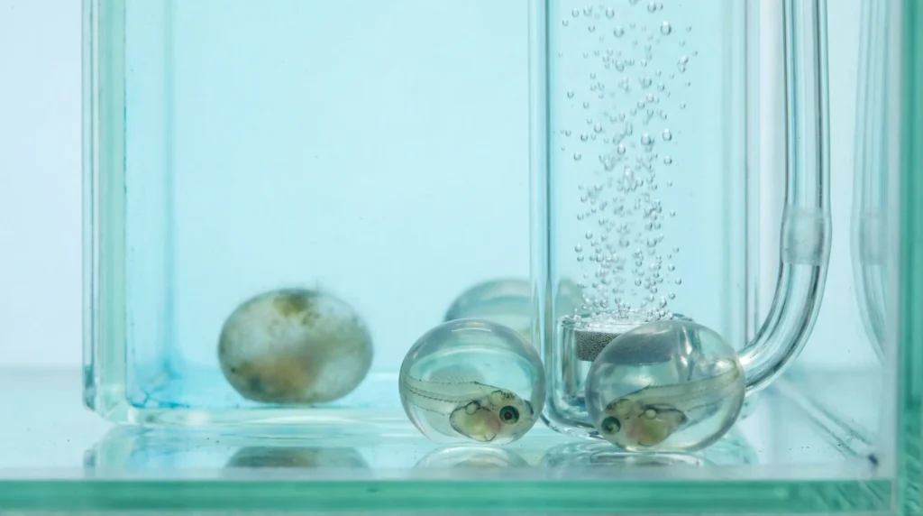 Application du bleu de méthylène sur une ponte d'œufs de poissons pour prévenir le développement du champignon Saprolegnia et favoriser l'éclosion des alevins.