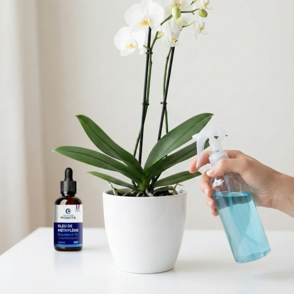 Traitement antifongique des racines d'orchidées (Phalaenopsis) avec du bleu de méthylène pour stopper la pourriture bactérienne et les maladies cryptogamiques.