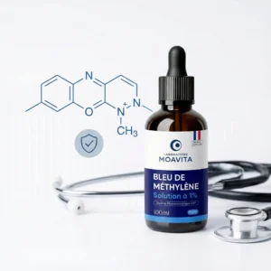 Schéma de l'interaction pharmacologique entre le bleu de méthylÚne (inhibiteur MAO-A) et les inhibiteurs de la recapture de la sérotonine (ISRS). Risque de syndrome sérotoninergique.
