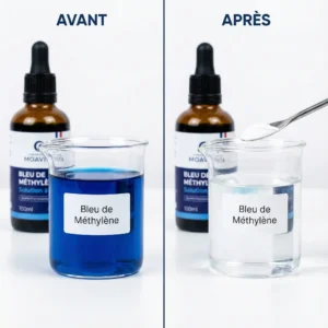 Cristaux de bleu de méthylène grade USP pharmaceutique : identification visuelle et test de pureté. Différence d'aspect entre la poudre pure (reflets bronze/or) et les qualités industrielles inférieures.