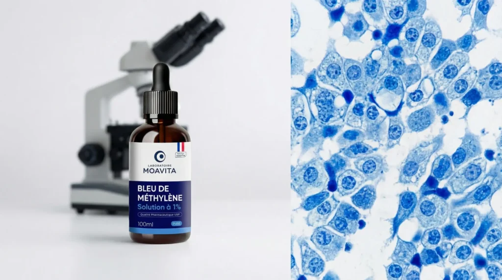 Guide technique sur l'utilisation du bleu de méthylène pour la coloration et l'observation de cellules en microscopie.